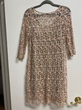 Kay Unger Blush Lace Overlay Nude Slip Long Sequin Cocktail 3/4 Sleeve Dress M